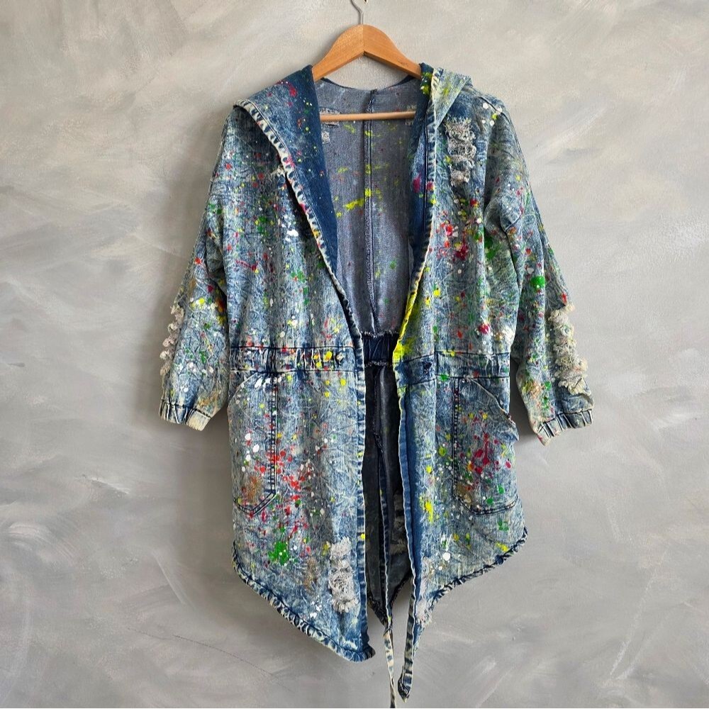Aphrodite Acid Wash Denim Paint Splatter Open Frnt Long Jacket L Distress Hood - Picture 12 of 14